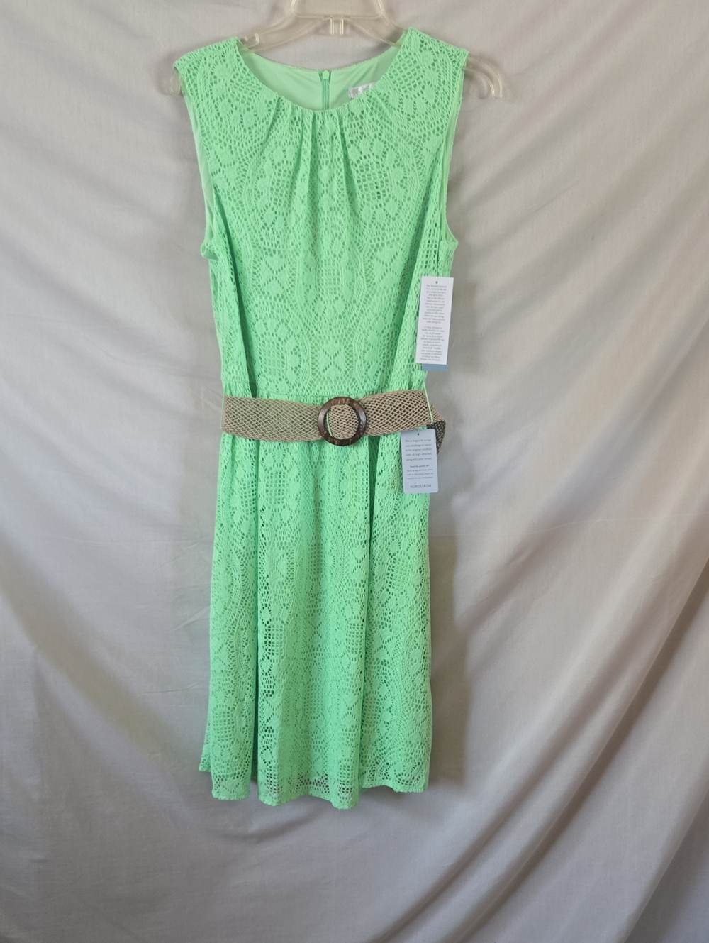 London Times Mint Green Lace Sleeveless Midi Dress with Woven Belt